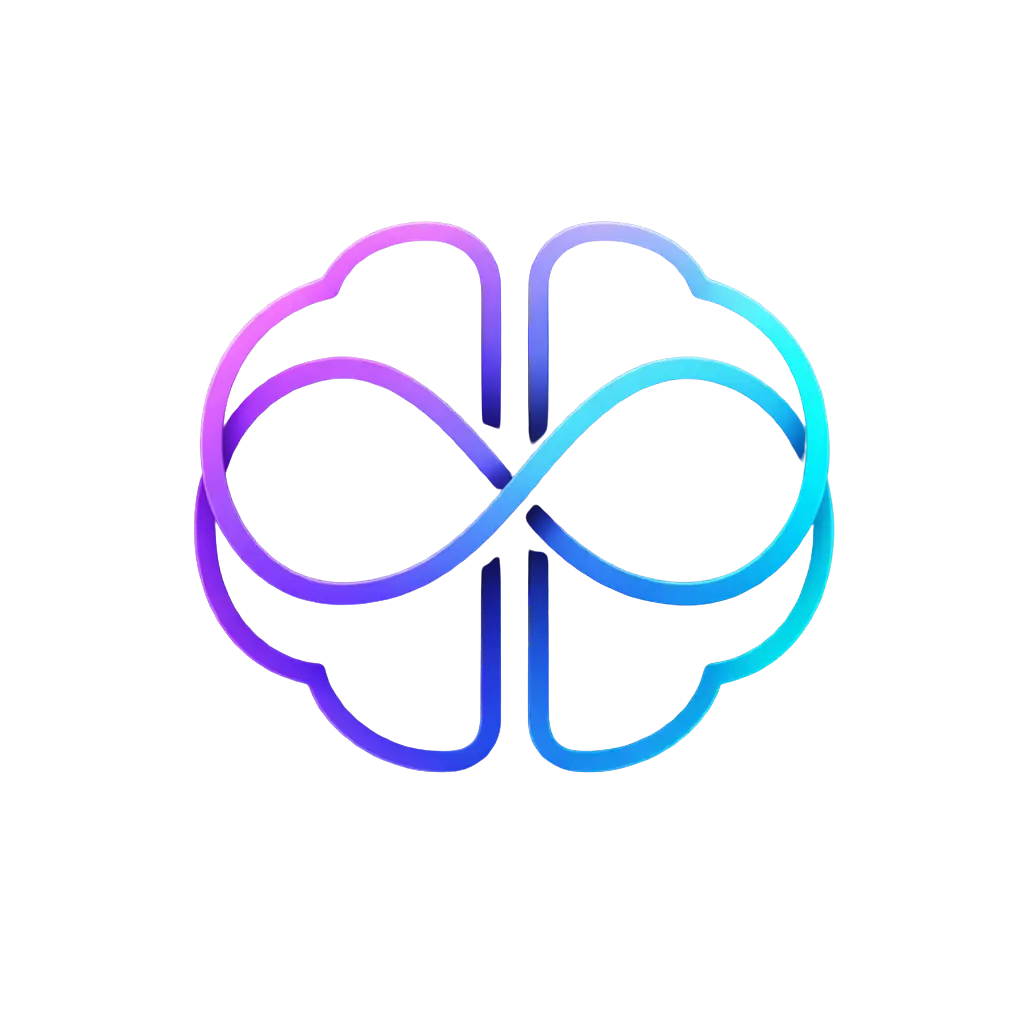Cérebro MemoryFy: contorno neon rosa e ciano entrelaçado com um infinito